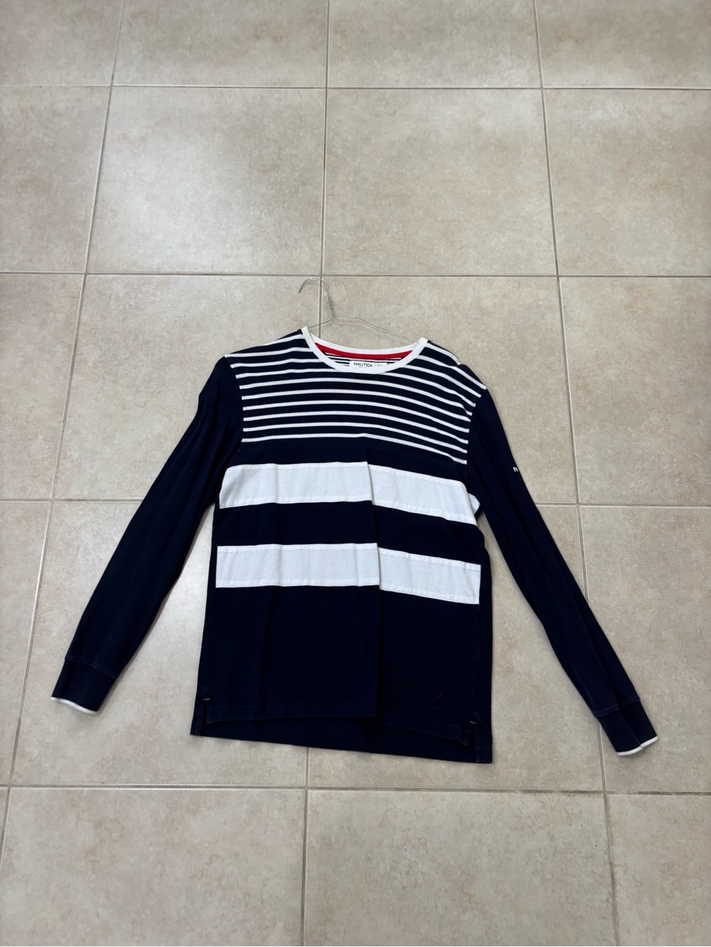 Nautica Navy and White Striped Crewneck Sweater